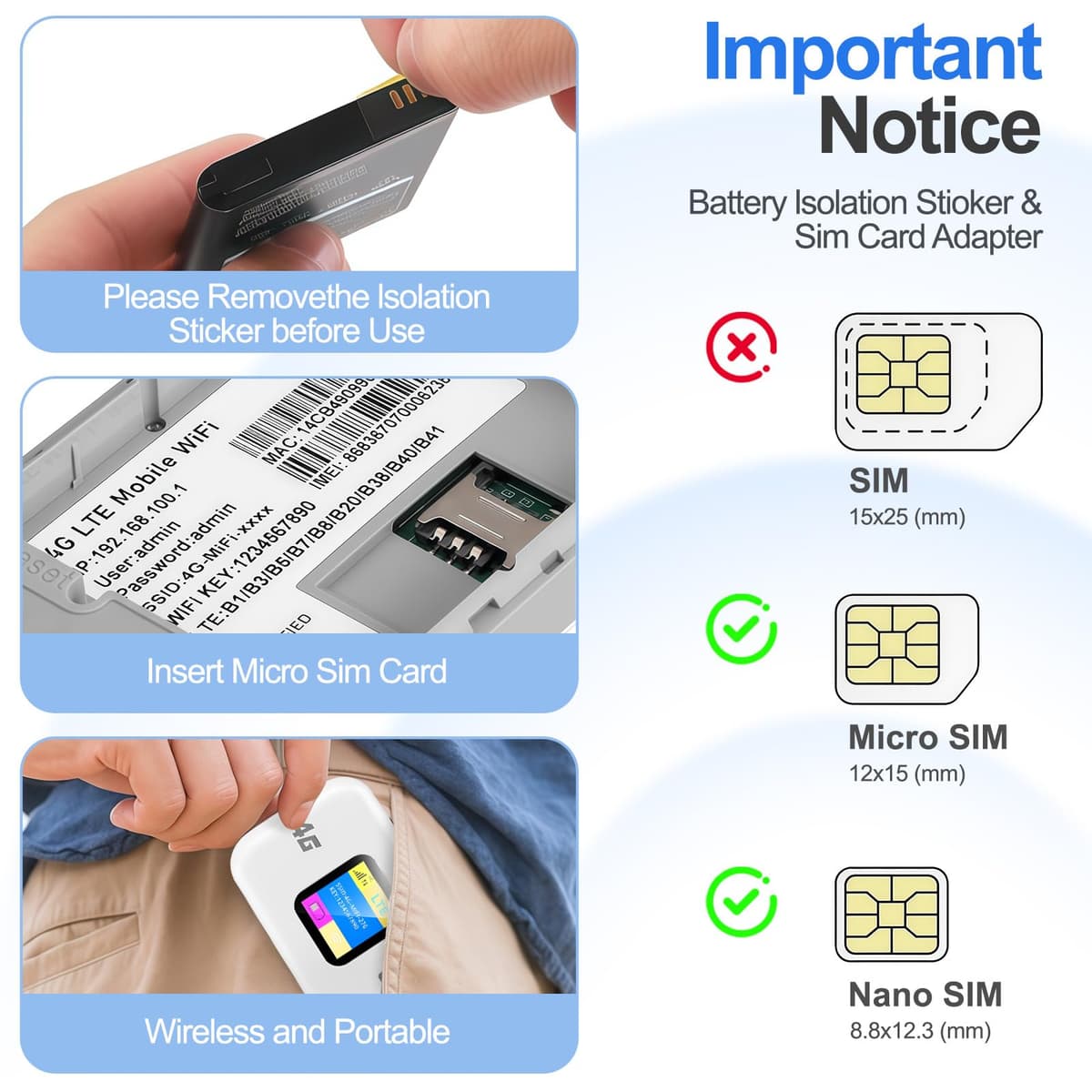 4G LTE WiFi Router, Travel Router with SIM Card Slot, 150 Mbit/s Mobile WiFi Dongle Type-C, 2100mAh Battery, Pocket 4G Mobile Hotspot Connect 10 Devices for Caravan Travel Phone Computer Laptop — view 3