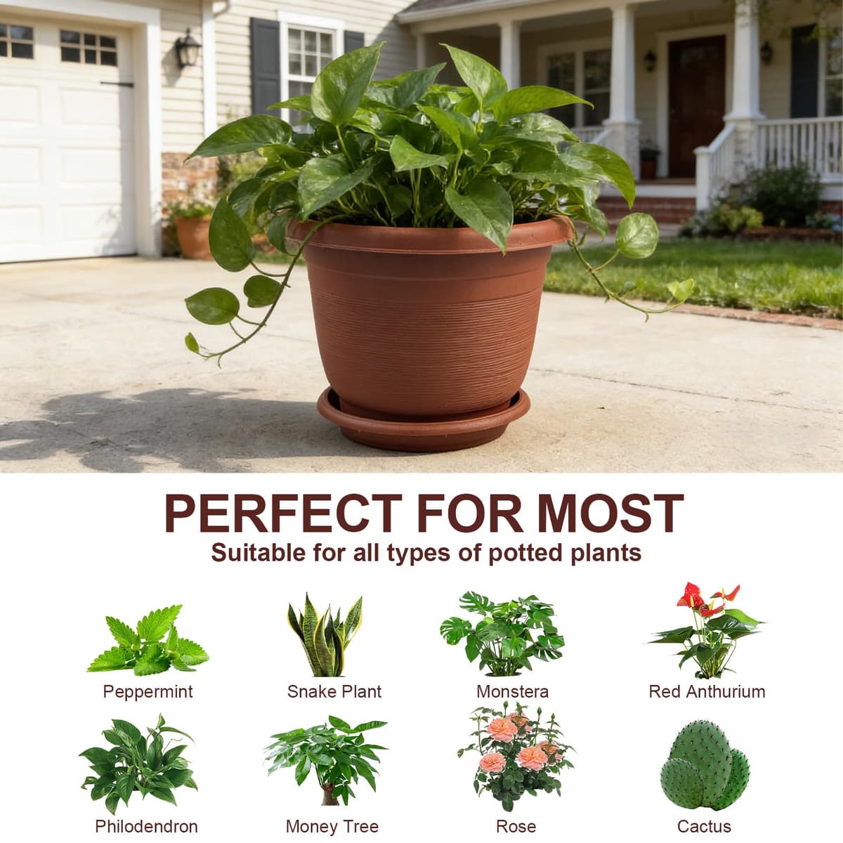 6Pack 15.5cm/6.1-in Plant Pots Indoor Plastic Flower Pots with Drainage Holes and Saucers Modern Decorative Planters Succulent Indoor Outdoor Plants - Terracotta — view 4