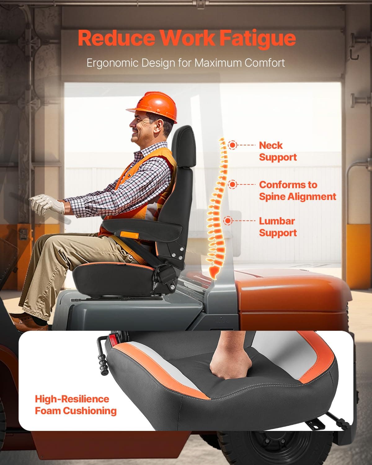 VEVOR Asiento Universal para Carretilla Elevadora 52 x 59 x 82 cm Asiento con Respaldo Ajustable, Reposabrazos, Reposacabezas y Cinturón de Seguridad, Microinterruptor, para Cortadora de Césped — view 3
