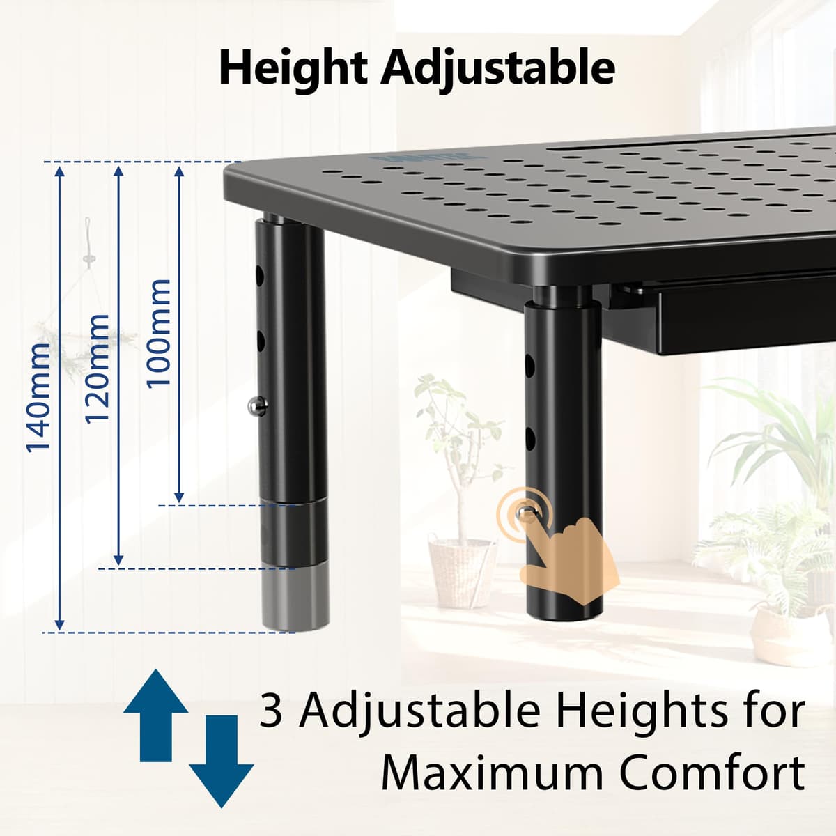 BONTEC Monitor Stand with Drawer, 3 Height Adjustable Monitor Riser for Desk, Mesh Platform for Laptop, Computer, iMac, Printer up to 20KG, Desk Organizer with Cable Ties Included — view 4