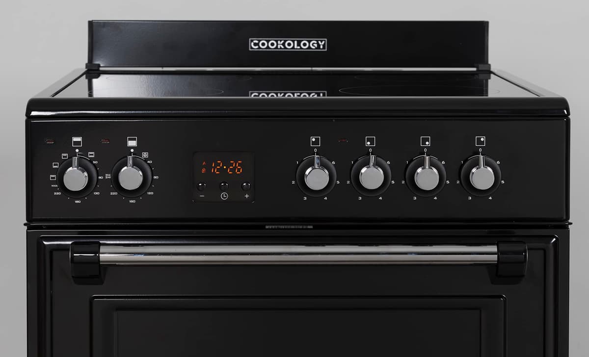 Cookology RETDO600BK Freestanding 60cm Wide, Retro Double Cavity Grill Oven Cooker with Ceramic 4 Zone Hob and Analogue Dials - in Black — view 2