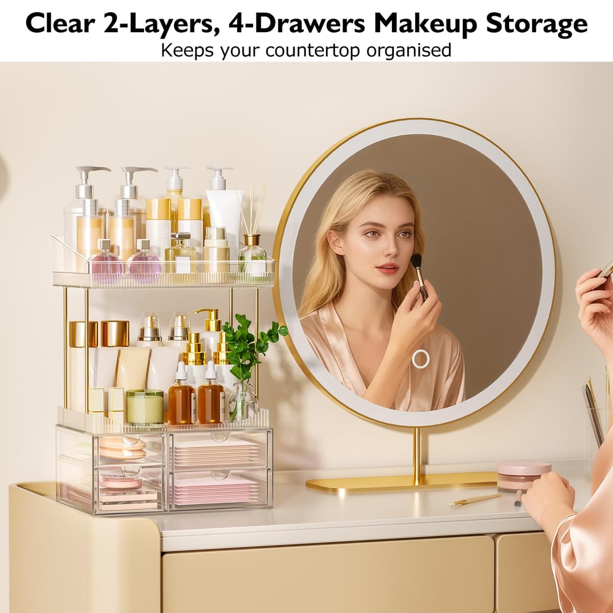 Makeup Organiser - Upgraded Transparent Perfume Organiser with 2 Shelves & 4 Drawer, Make up Storage Non-Slip Design, Skincare Drawer Organisers for Bathroom/Bedroom/Kitchen/Vanity, Clear — view 2