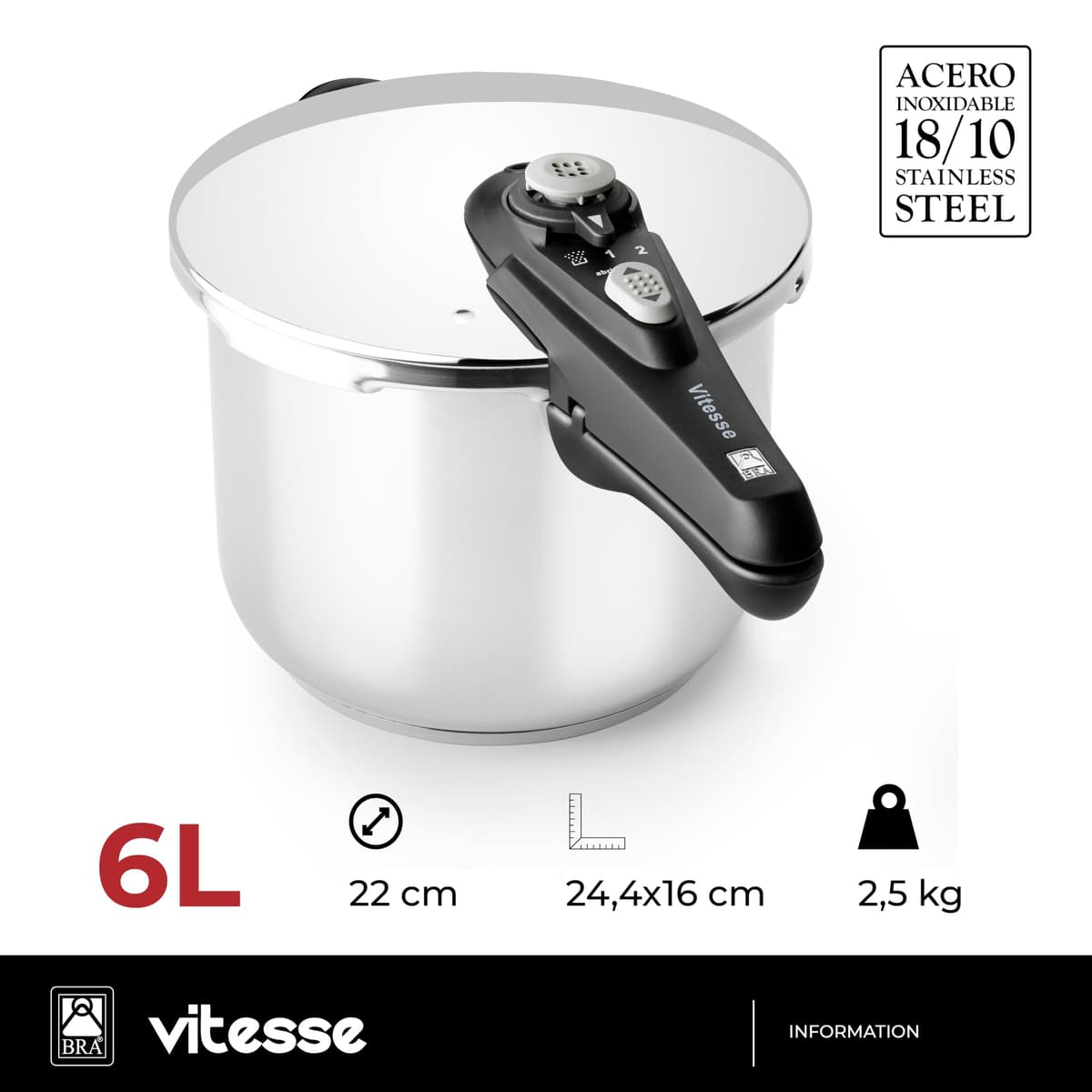 BRA Vitesse Olla Express de 6 Litros, Fabricada en Acero Inoxidable 18/10, Con 2 Programas de Cocción y Sistema de Bloqueo de Apertura, Aptas para Todo Tipo de Cocinas — view 2