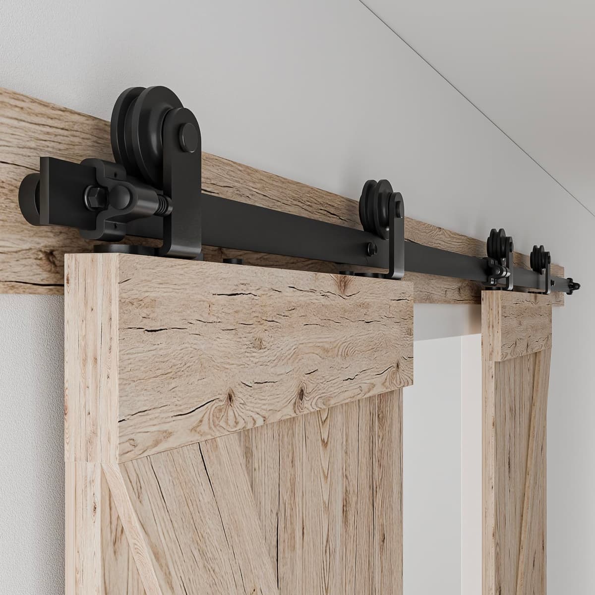 Herrajes Puertas Correderas Doble 325cm Rieles Kit Puerta Corredera Negro para 2 Puerta Corredera Madera 81cm Ancho, Pequeña Rueda T-forma