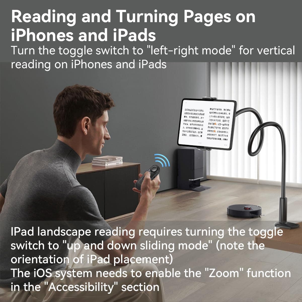Mando a Distancia Bluetooth con Soporte para Aplicación de Lectura, Videos de TikTok/Youtube y Disparo Remoto, Pasapáginas Universal, Compatible con iPhone, iPad, Teléfonos y Tabletas Android, Ligero — view 3