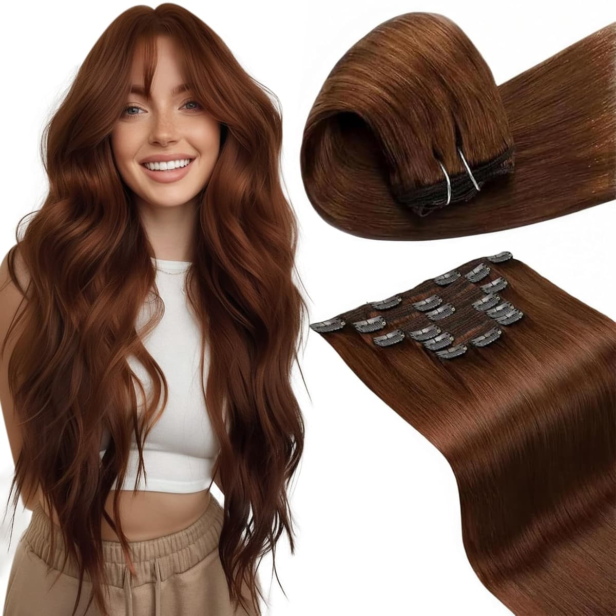 LaaVoo Hair Extensions Clip in Real Human Hair Brown Clip in Hair Extensions Dark Brown Remy Straight Hair Full Head Double Weft 80g 5pcs 14 Inch #4 — view 73