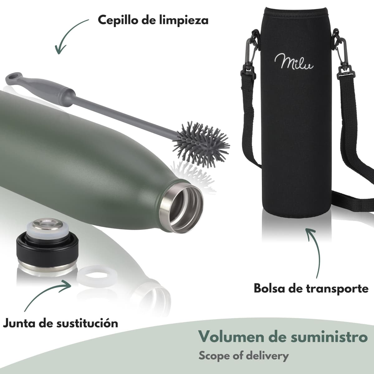 Milu Botella de acero inoxidable de 350ml 500ml 750 ml 1 L 1,5 L botella de agua aislada, termo a prueba de fugas, doble pared, apta para ácido carbónico + cepillo de limpieza (Azul Violeta, 350ml) — view 60