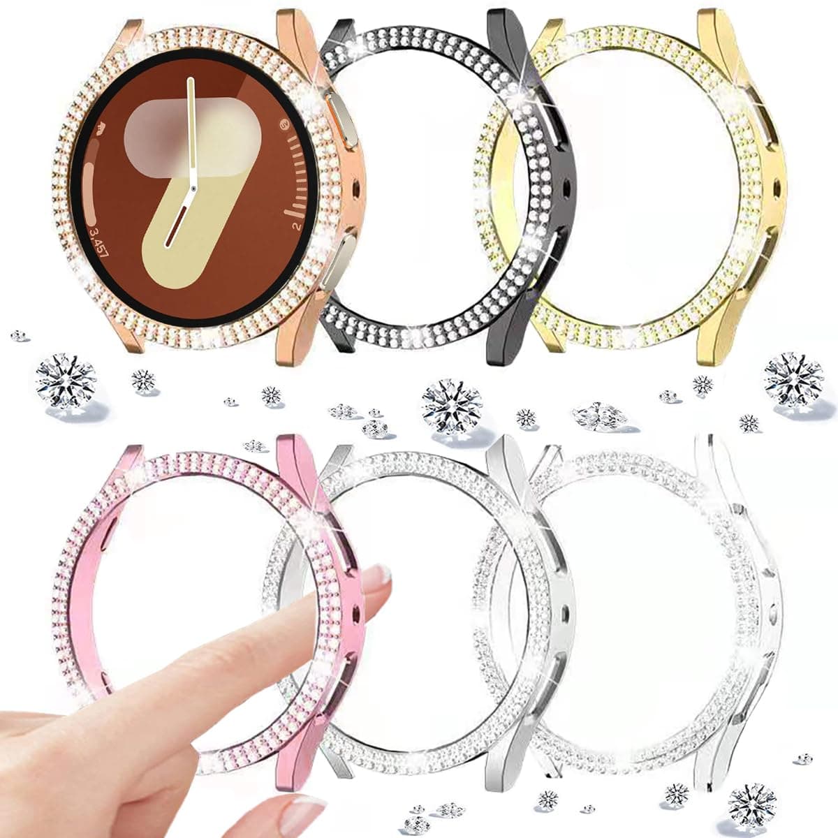 DEALELE [2-PACK] Case Compatible with Samsung Galaxy Watch FE / 5/4 40mm, Bling Double-row Diamond PC Protective Case Protector Cover, 40mm, Rose gold + Transparent — view 14