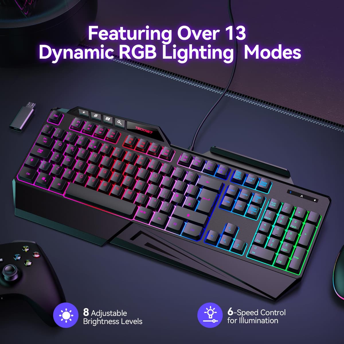 TECKNET Wired Gaming Keyboard, 26-Key Anti-Ghosting RGB Keyboard, Ergonomic Design with Phone Holder & Wrist Rest, Dedicated Shortcut Keys & Spill-Resistant Backlit Keyboards for PC/PS5/Xbox — view 2