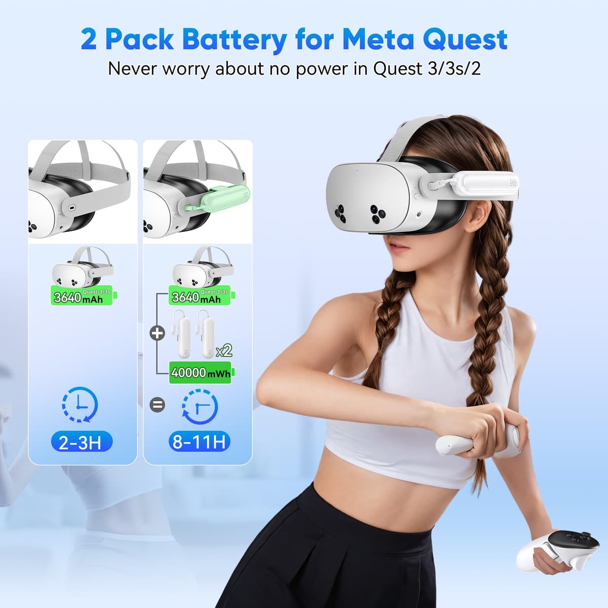 [2 Pack] Battery Pack for Meta Quest 3S/3/2, 2*20000mWh 18W Fast Charging for Oculus Quest 3S/3 Accessories, Extended VR Headset, Lightweight and Portable Charger for Extra 2-4H — view 2