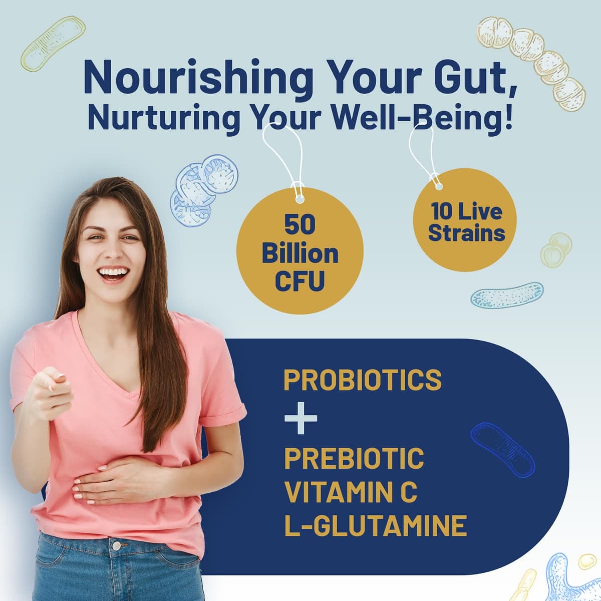 Bio Cultures Complex Probiotics and Prebiotics - 50 Billion CFU - 10 Live Bacteria Strains – Added with Inulin, L-Glutamine & Vitamin C - 60 Capsules | Advanced Probiotic for Women & Men by Prowise — view 4