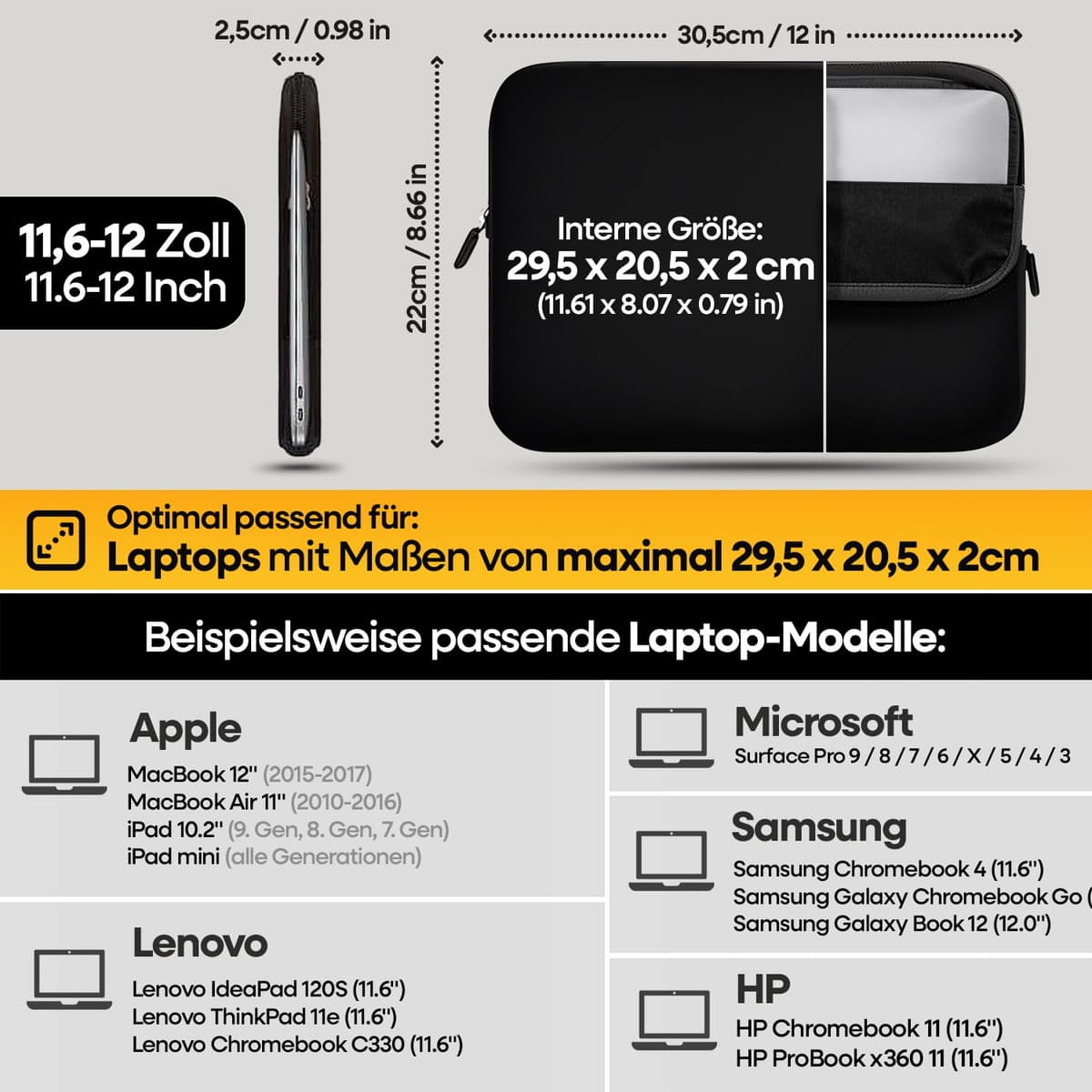 Sidorenko 11,6 Pulgada Funda Laptop para MacBook/Chromebook | Funda para computadora de Neopreno | Funda con Cremallera Duradera Protección de 3 Capas, Resistentes al Agua — view 2