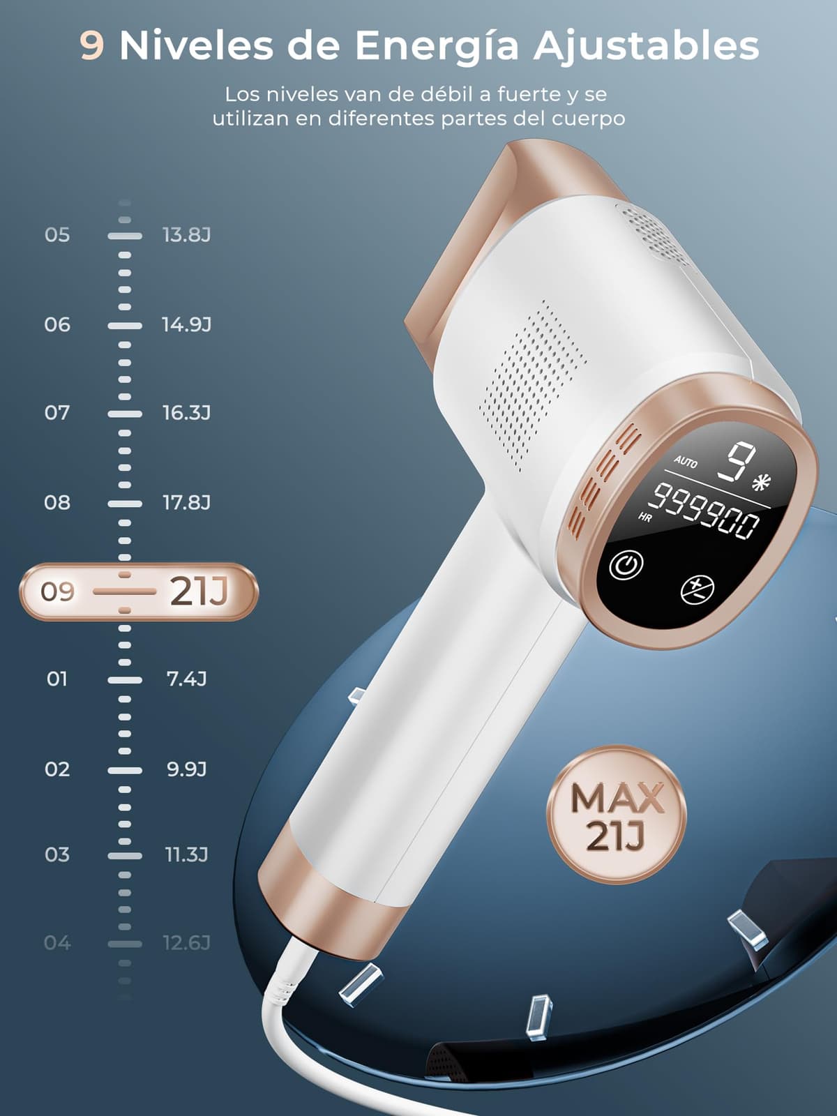 21J Depiladora Laser con Función de Refrigeración, 600-1200NM Depiladora Luz Pulsada con 9 Niveles de Energía, Pantalla Táctil LCD para Mujer y Hombre, Bikini, Axilas, Cara, Cuerpo Blanco — view 4