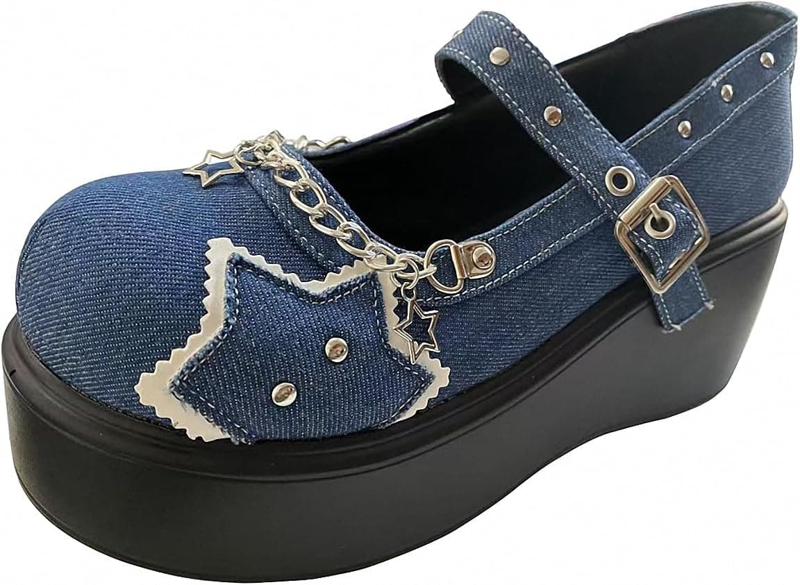 Womens Platform Mary Janes Shoes Sweet Toe Ankle Lolita Gothic Pumps Chunky Patent Leather — view 48