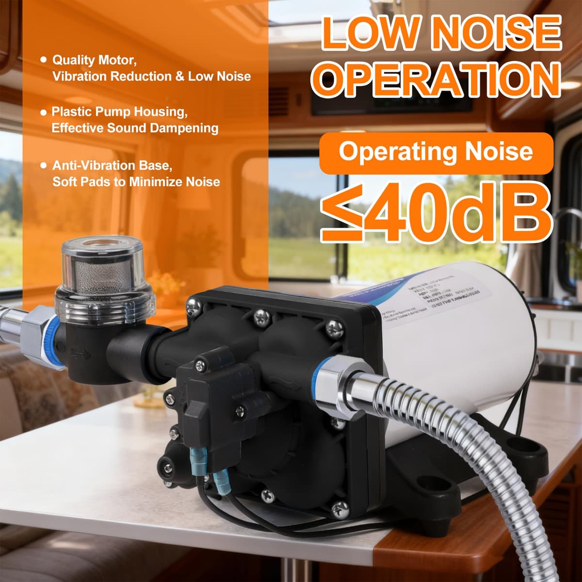 CPROSP Bomba de Agua 12v, 11,3L/min 49,2W, Bomba de Membrana Autocebante para Autocaravana, Bomba de Diafragma con Interruptor de Presión, 3,8Bar (55Psi), para Caravanas, Autocaravanas, Barcos — view 4