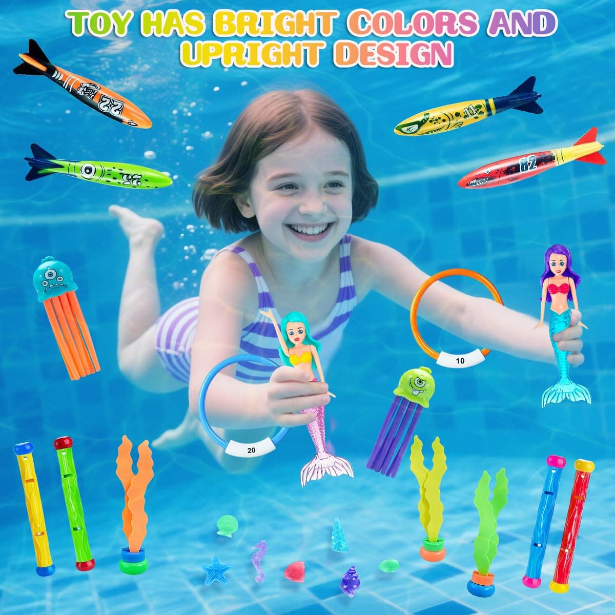 33 Piezas Juguetes de Buceo en Piscina, Juguete Subacuático para Niños, Conjuntos de Juguetes Natación Subacuática con Bolsa de Almacenamiento Juegos de Agua en Verano para Niños — view 3