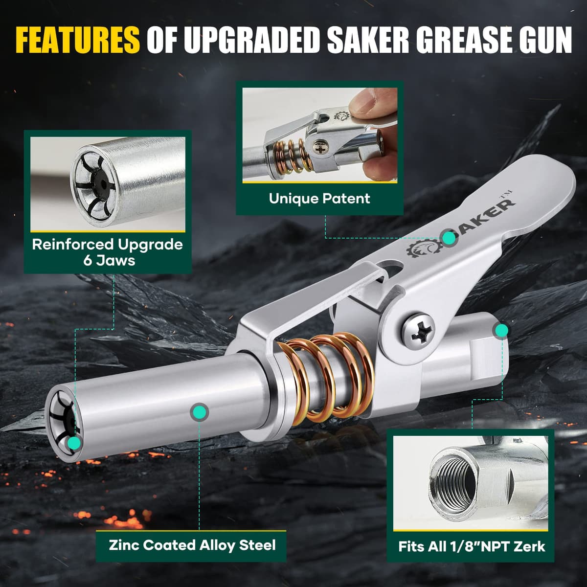 Saker Grease Gun Coupler,Compatible with All Grease Guns 1/8'' NPT Fittings（Suitable for diameters Greater Than 14mm,Upgrade to 14000 PSI, New Version 1PC — view 2