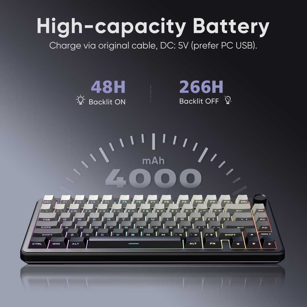 RedThunder K75 75% Wireless Mechanical Gaming Keyboard,Creamy Gasket-Mounted,Volume Knob,US Layout,Keycaps-Side Print,2.4G/BT/USB-C,RGB Underglow Lighting,Hot swappable Fast Apricot Switch for PC Mac — view 8