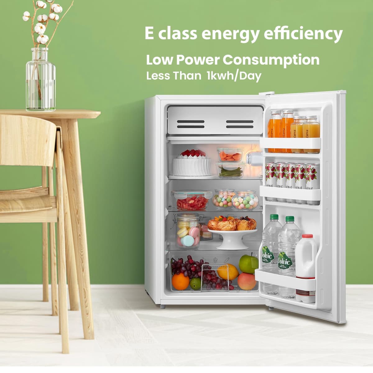 COMFEE' RCD93WH2(E) Under Counter Fridge, 93L Freestanding Refrigerator with Cooler Box, Adjustable Thermostat, Reversible Door, Removable Glass Shelves, Interior Light, White — view 4