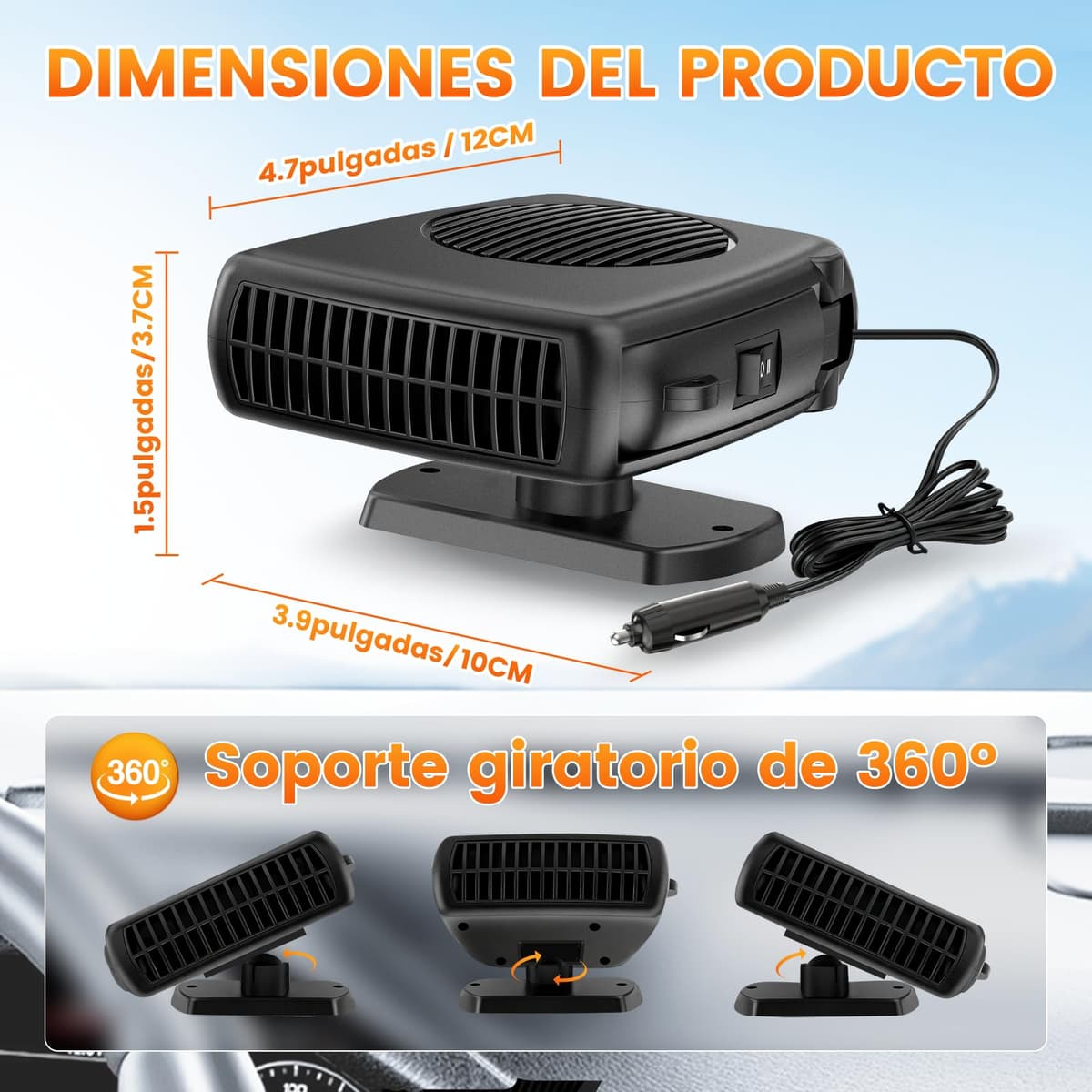 Blytra Calentador Coche 12V 200W, Calentador para Coche Encendedor 12V con Función Calefacción/Ventilación, Rápido Descongelador 360° para Coches y Furgonetas, Negro, 1 — view 2