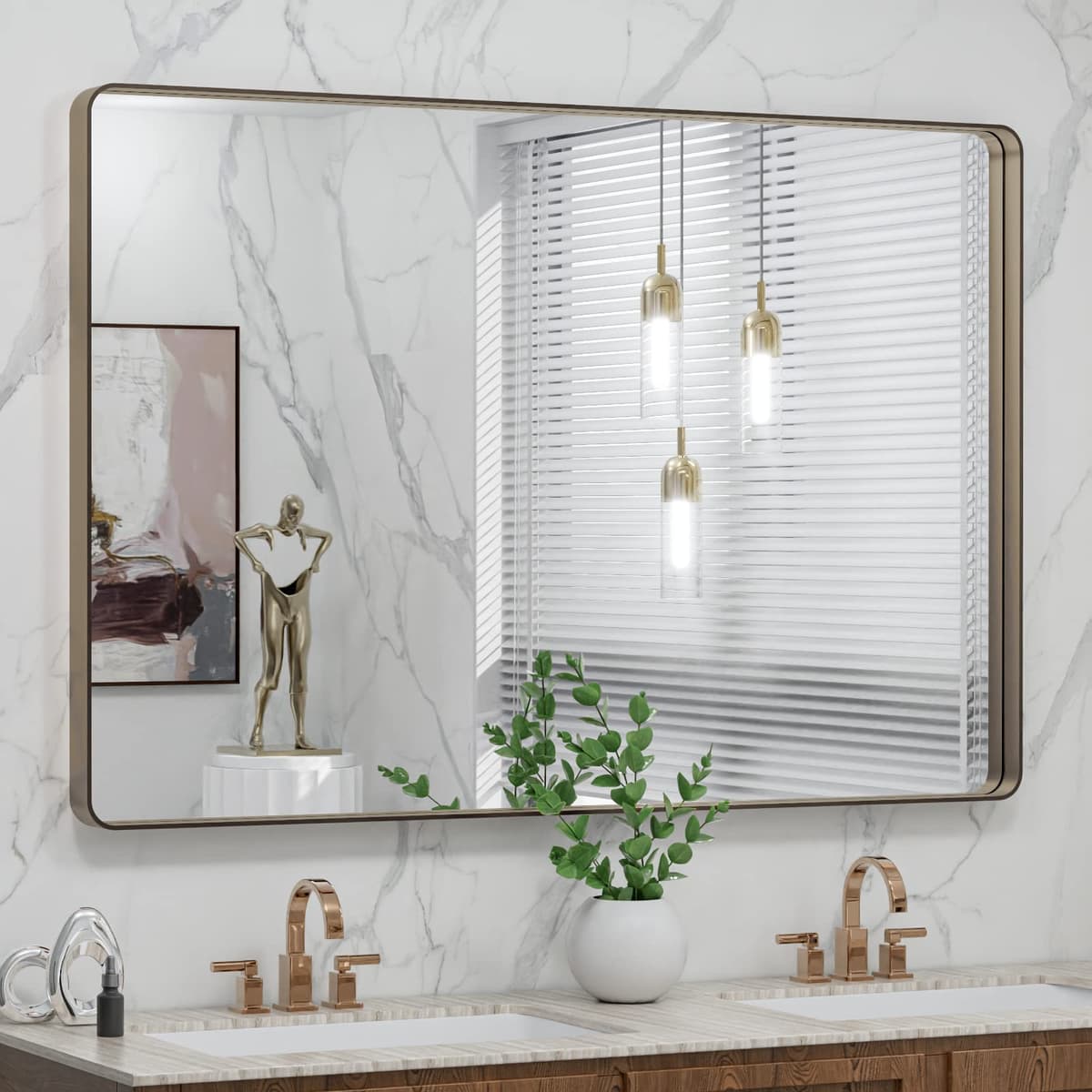 LOAAO 48”X36” Gold Bathroom Mirror, Rounded Rectangle Gold Frame Mirror, Brushed Gold Bathroom Vanity Mirror Wall-Mounted, Anti-Rust, Tempered Glass, Hangs Horizontally or Vertically — view 98