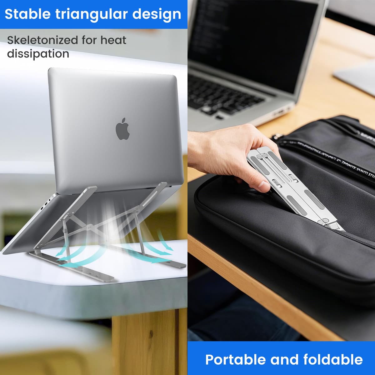 GrandMil Adjustable Laptop Stand for Desk – Foldable & Portable ABS+Silicone Riser, Ventilated Cooling Holder for 10-17.3” Laptops & Tablets (Black) — view 2