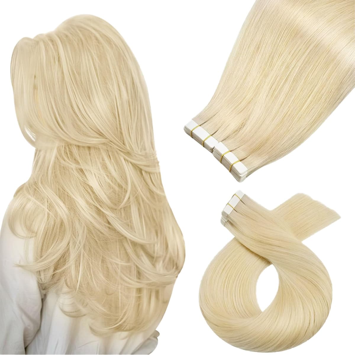 Moresoo Tape in Human Hair Extensions 20 Inch Highlight 50g/20pcs Tape in Hair Extensions Human Hair Ash Blonde with Platinum Blonde #P18/613 — view 32