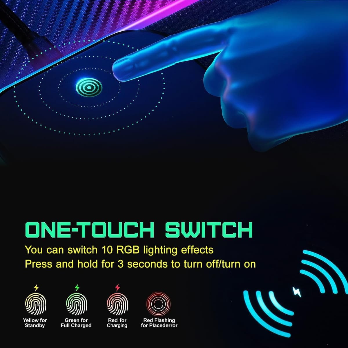 GIM Wireless Charging RGB Gaming Mouse Pad 15W, LED Mouse Mat 800x300x4MM, 10 Light Modes Extra Large Mousepad Non-Slip Rubber Base Computer Keyboard Mat for Gaming, MacBook, PC, Laptop, Desk — view 5