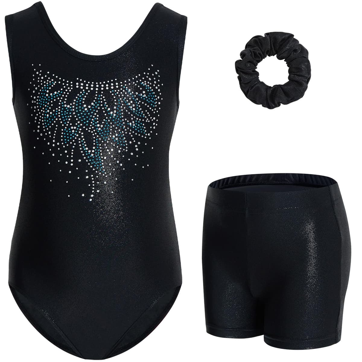Gogokids Conjunto de gimnasia de tres piezas para niña, cuello en Y, sin mangas, con pantalones cortos y diadema, traje de gimnasia con diseño de bloques de color azul y morado, 3-12 años — view 29