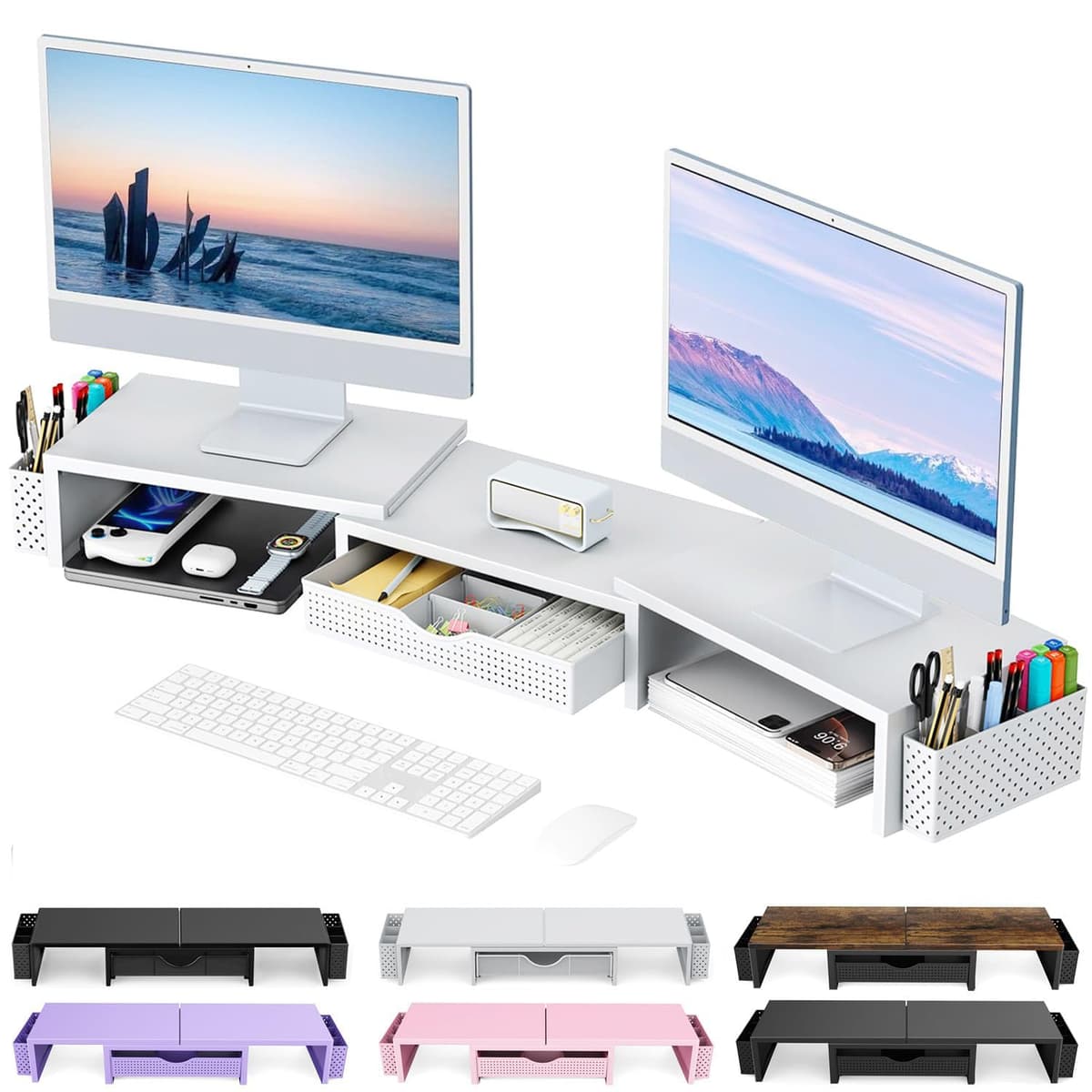 Dual Monitor Stand Riser, Metal Desk Accessories with Drawer and 2 Pen Holder, Adjustable Length and Angle - Computer Monitor Stand for Screen, Computer, Printer (Black) — view 9
