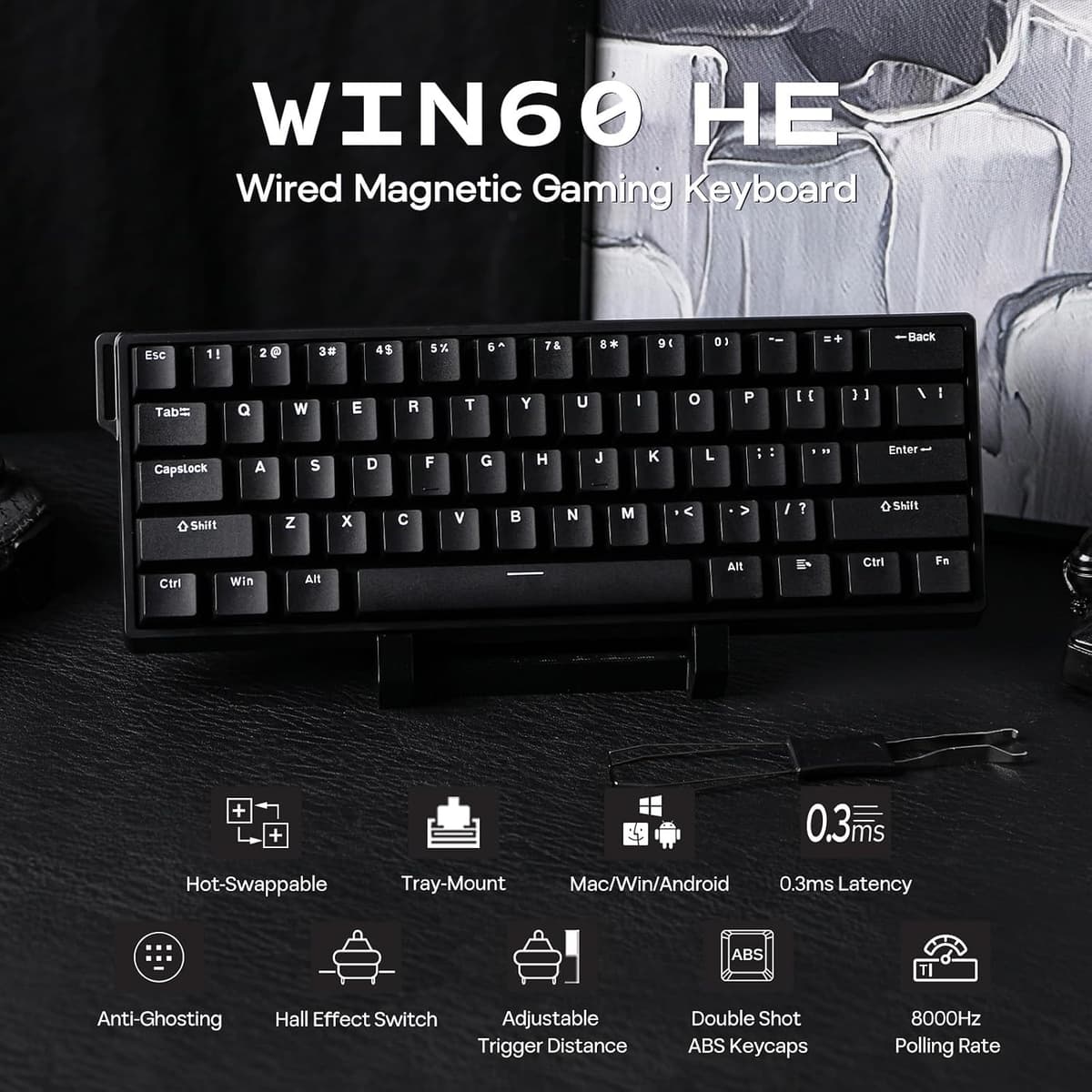 EPOMAKER AULA WIN60 HE 60% Wired Magnetic Keyboard with Adjustable Actuation, 8000 Hz Polling Rate, Hall Effect Switches, Hot-Swap, For FPS Games (Black)