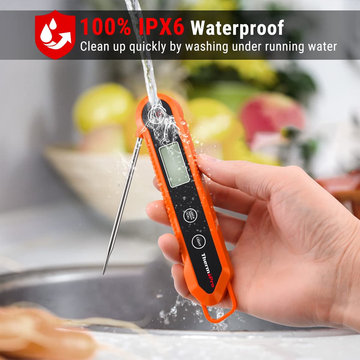 ThermoPro TP03H Meat Thermometer with IPX6 Waterproof, Food Thermometer Foldable Food Temperature Probe with LCD Backlight Calibration Lock Fuction, Kitchen Digital Instant Read Probe for Oil Jam Milk — view 3