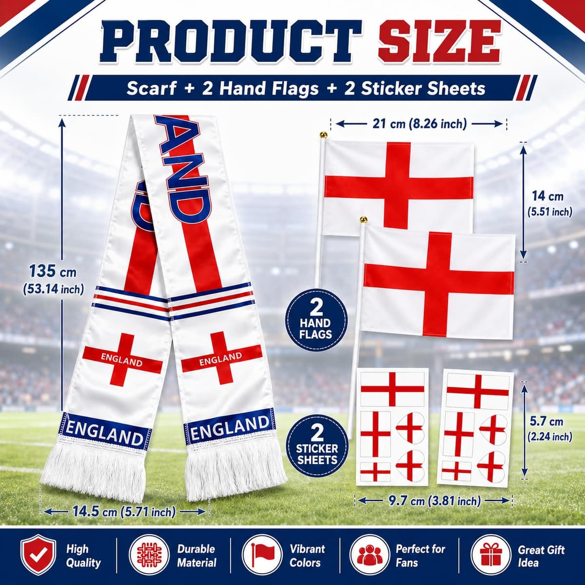 England Fan 5-Piece Set Scarf Flags Tattoos, World Cup 2026 Merchandise, Perfect to Match Your England Football Shirt for Men Women Boys Girls Pub Stadium — view 2