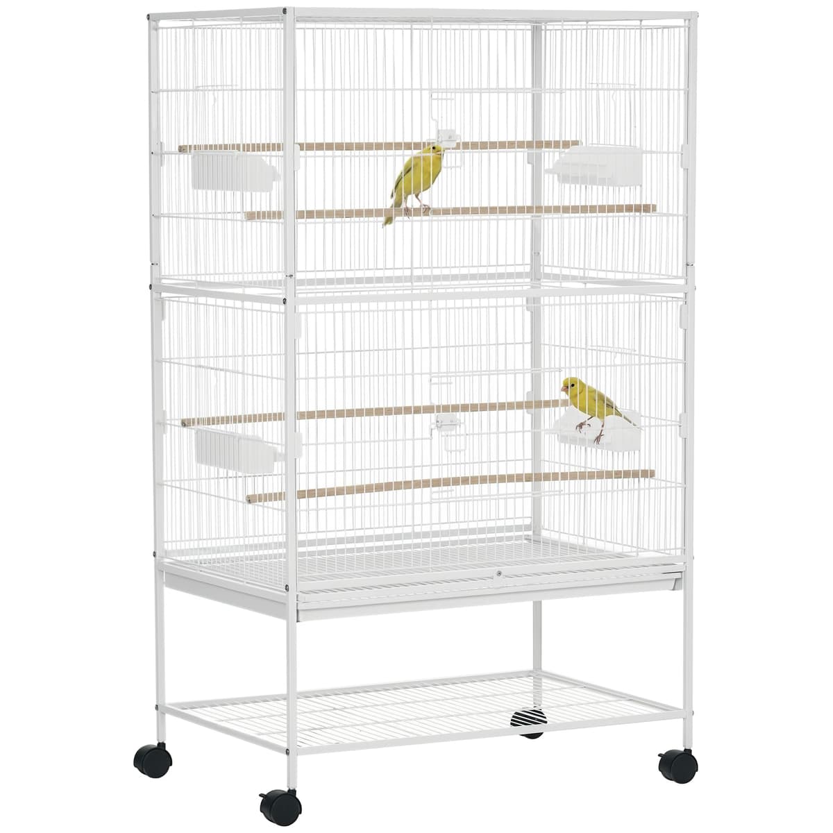 PawHut Jaula para Pájaros con Ruedas Pajarera Metálica con Bandeja Extraíble 4 Puertas 4 Comederos 4 Perchas y Estante de Almacenaje Jaula para Canarios Periquitos 78x52x132 cm Blanco