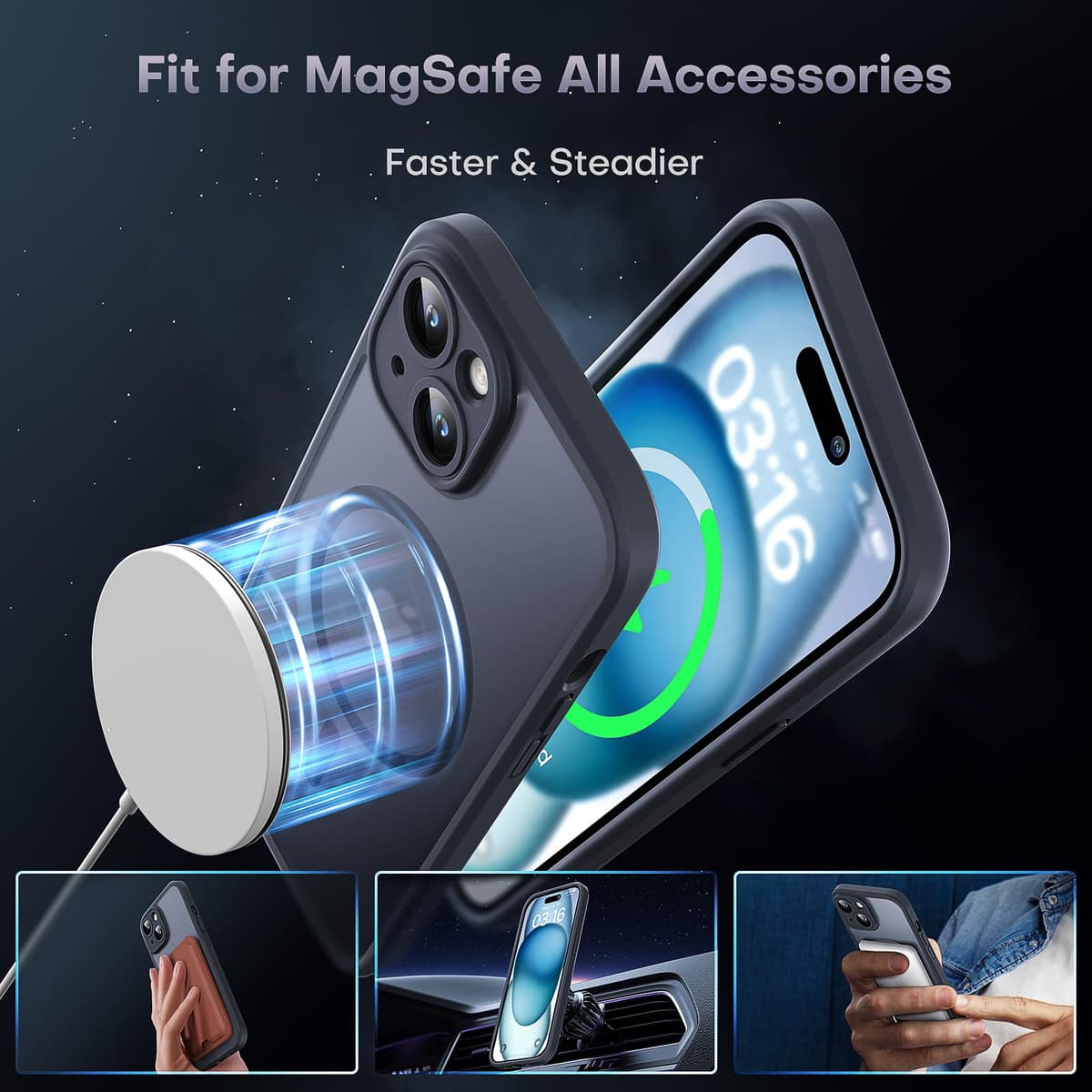 TOCOL Magnetic for iPhone 15 Case 6.1-Inch, Fit for MagSafe, Upgraded [Full Camera Protection], [14FT Military Grade Shockproof] Thin Slim Frosted Translucent Matte Back Phone Cover (Black) — view 3