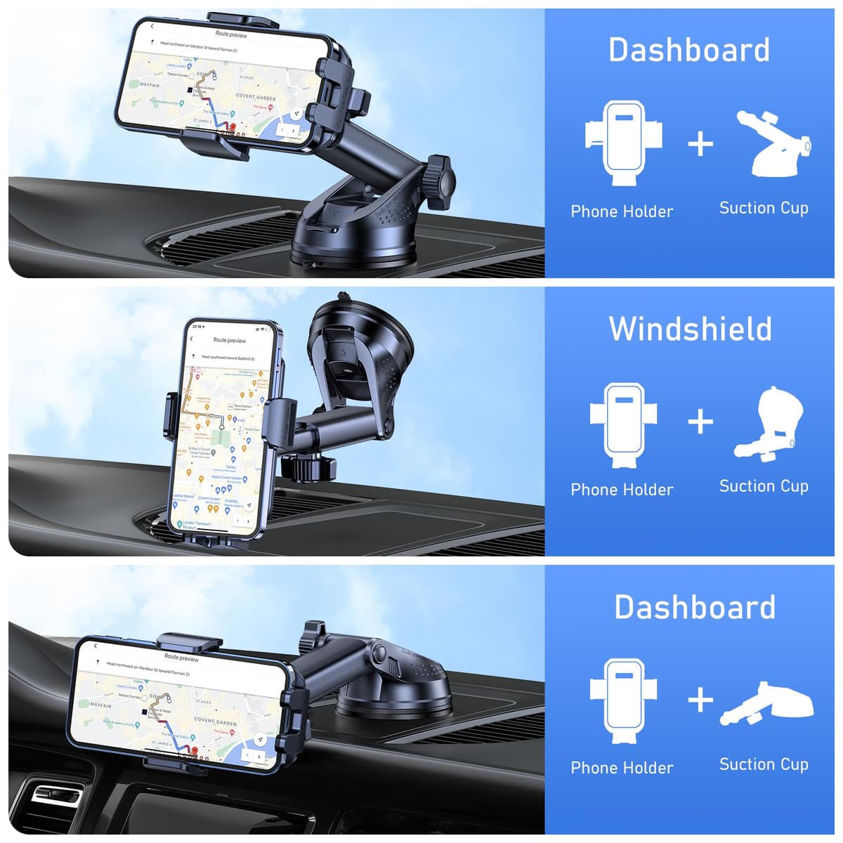 Blukar Car Phone Holder, Adjustable Car Phone Mount 360° Rotation for Dashboard/Windscreen, Upgraded Strong Suction - One Button Release Automobile Cradle for iPhone 4.0''-7.0'' Smartphones — view 2
