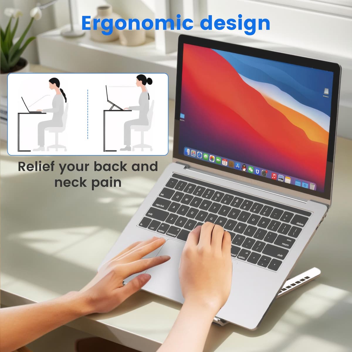 GrandMil Adjustable Laptop Stand for Desk – Foldable & Portable ABS+Silicone Riser, Ventilated Cooling Holder for 10-17.3” Laptops & Tablets (Black) — view 3