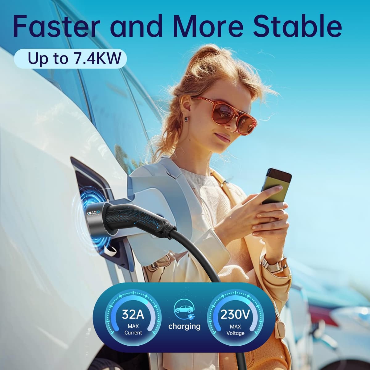 QIAO)) Type 2 EV Charging Cable, 7.4kW 7.5M 32A Single Phase, Electric Vehicle Type 2 to Type 2 IEC 62196 EV Charger Cable, EVs/Plug-in Hybrid Fast Car Charging Cable with Carry Bag — view 4