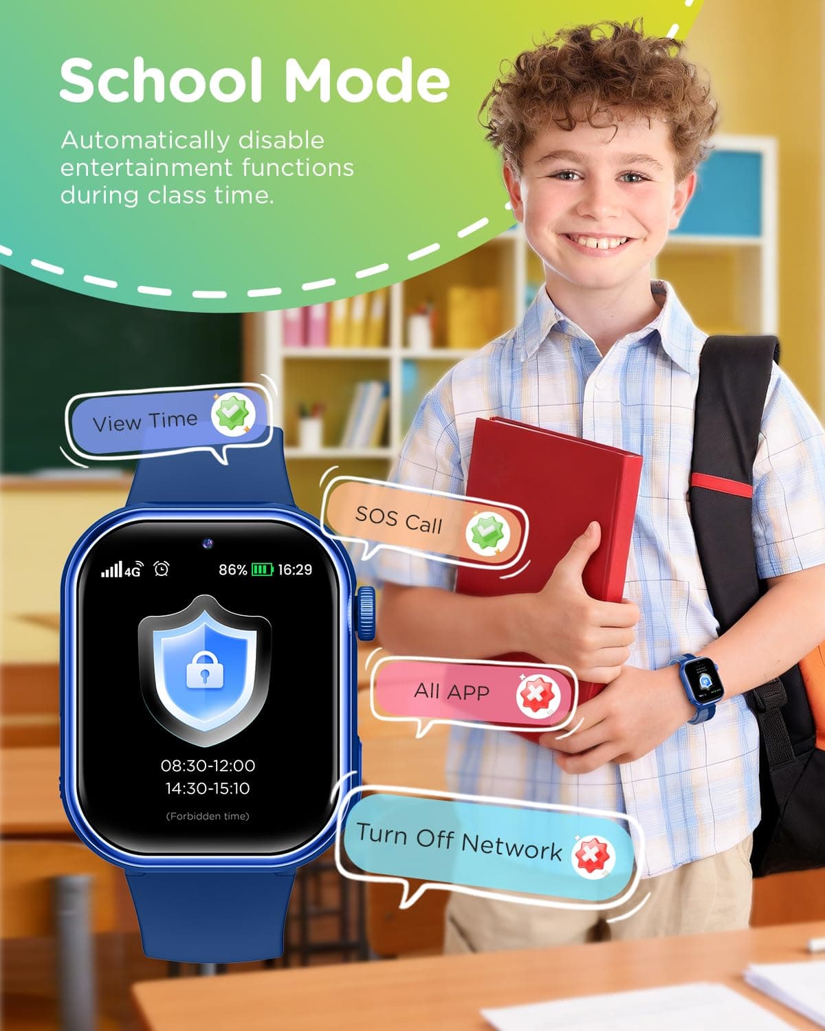 4G Reloj Inteligente Niño, 1.83'' HD Smartwatch Niños con GPS y Llamadas, Videollamadas, Chat de Voz, Modo Escuela, Doble Cámara, Monitor de Sueño, Podómetro, Despertador IP68 para Niñas Niños Azul — view 5