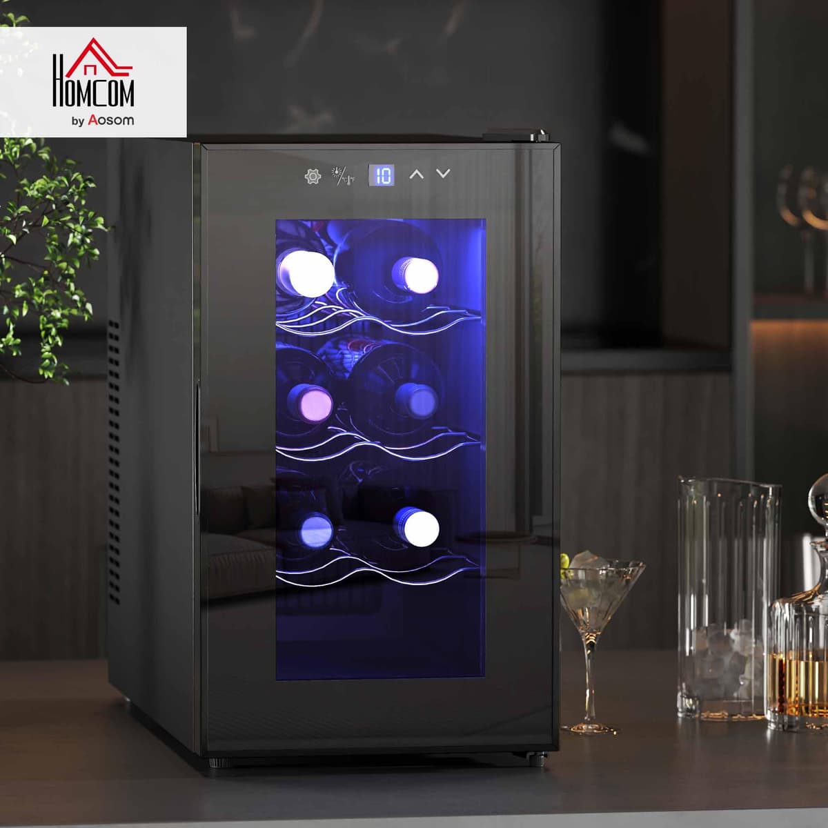 HOMCOM Mini Table Top Wine Fridge, 8 Bottle, 17L, 8-18℃, 26.5cm Quiet Under Counter Wine Cooler Fridge with Glass Door, LED Light, Digital Touch Screen, Temperature Control — view 2