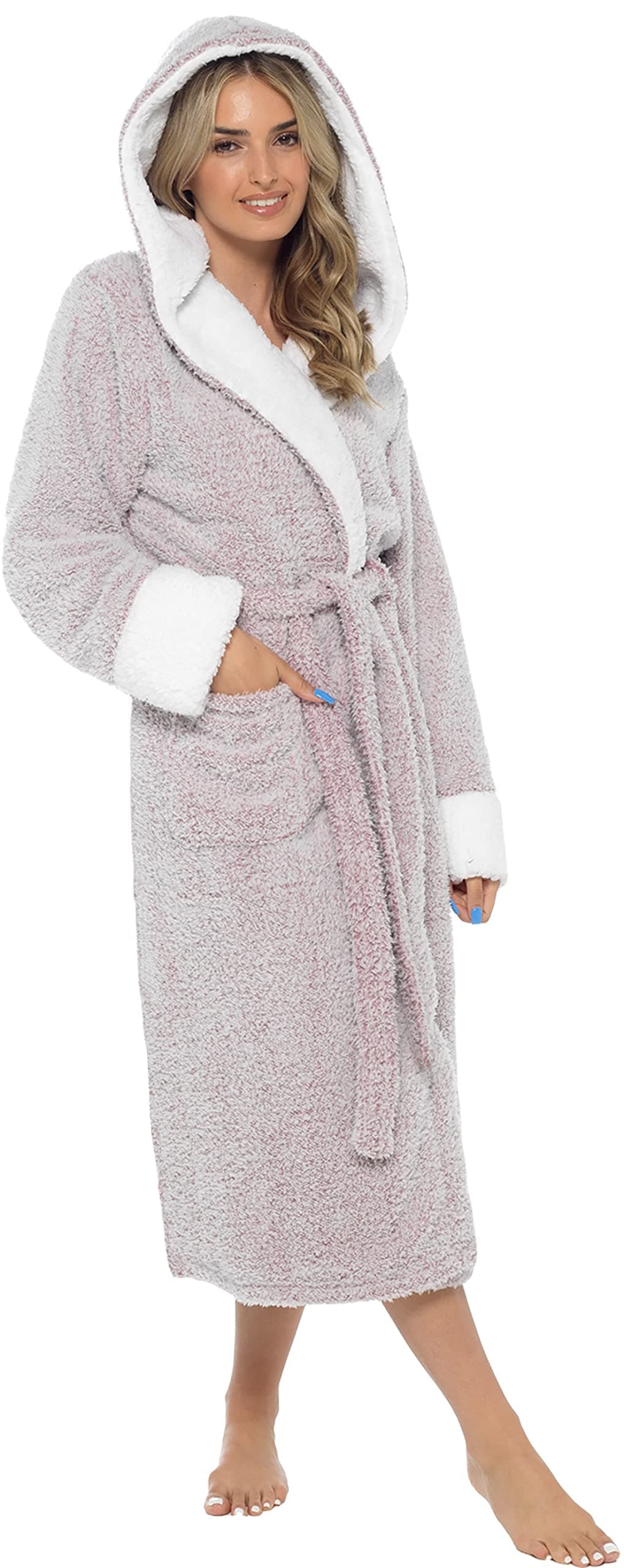 KATE MORGAN Ladies Dressing Gown Fluffy Super Soft Hooded Bathrobe for Women Plush Fleece Perfect Loungewear Long Robe | Gifts for Women — view 10