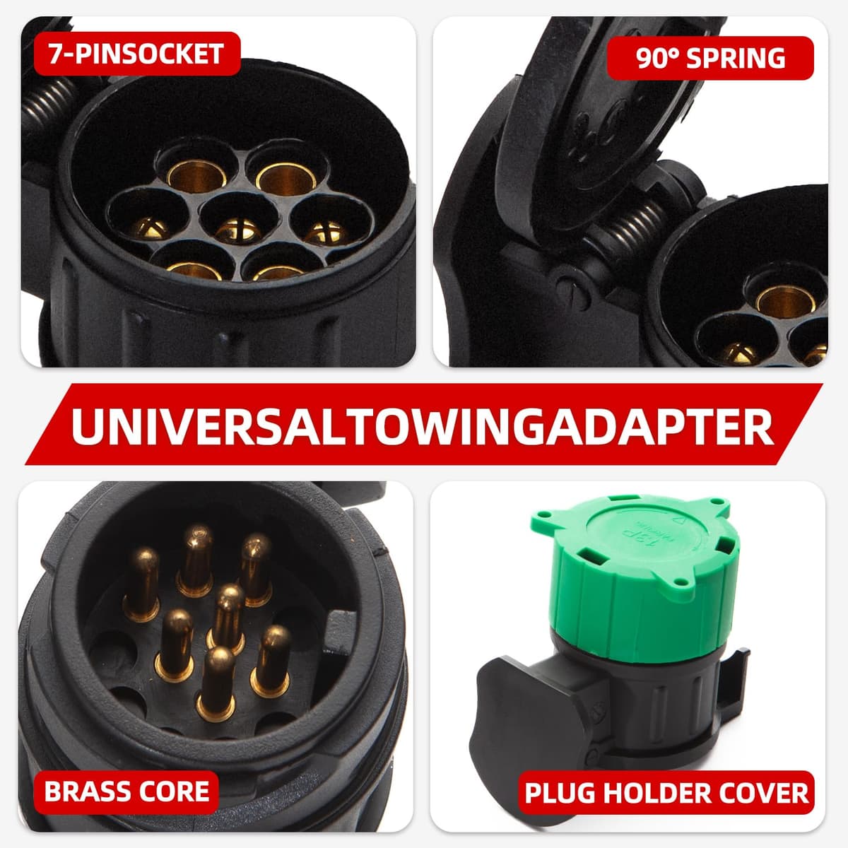 Adaptador de Remolque de 7 a 13 Pines y Adaptador de Remolque de 13 a 7 Pines - 12V - ISO 1724 e ISO 11446 - para Caravana Remolque Automóvil - Cubierta De Goma + Tapa Verde — view 3