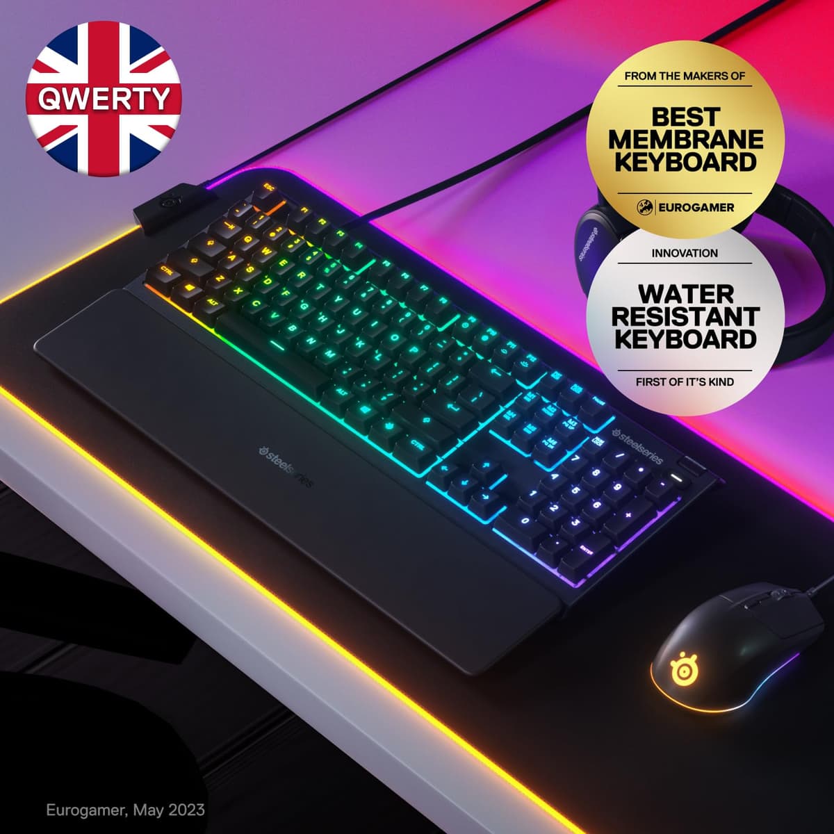 SteelSeries Apex 3 - Gaming Keyboard - Silent Gaming Keyboard - 10-Zone RGB Illumination - IP32 Water & Dust Resistant - Premium Magnetic Wrist Rest - English QWERTY Layout , Black — view 2