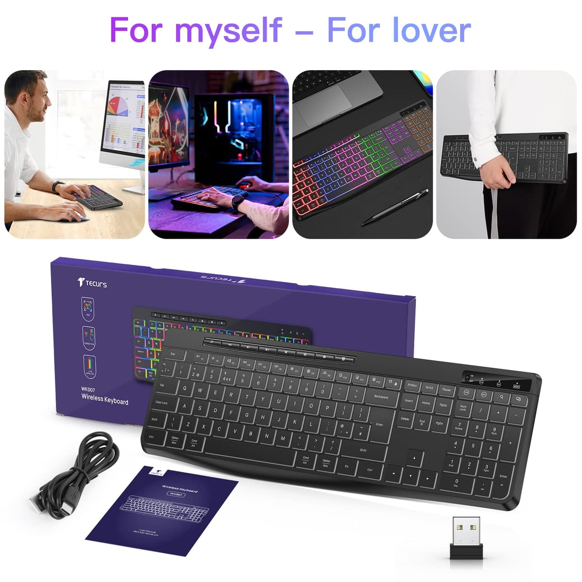 TECURS Wireless Keyboard QWERTY UK Layout, 2.4G Wireless Gaming Keyboard, LED Backlit, Ergonomic, Quiet, Rechargeable, Full Size Keyboard with Multimedia Keys for Computer/PC/Laptop/MAC/Windows — view 7
