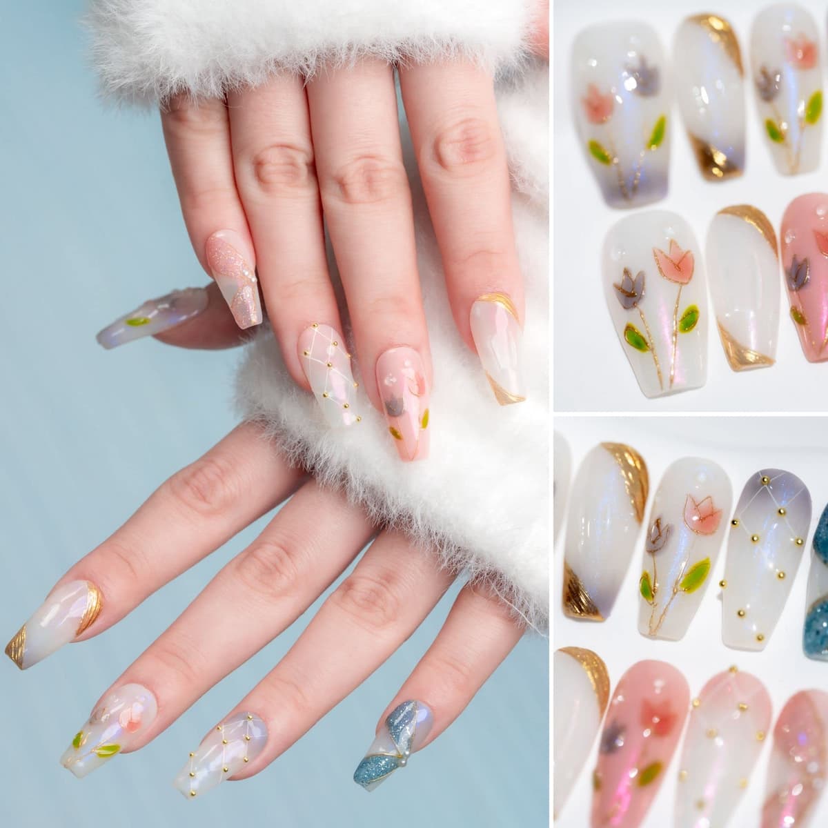 Sun&Beam Nails Handmade Press On Nail Long Coffin Ballerina Pink Flower Acrylic Fake Tip 3D Design Art Charms Cute with Storage Box 10 Pcs (S) — view 46