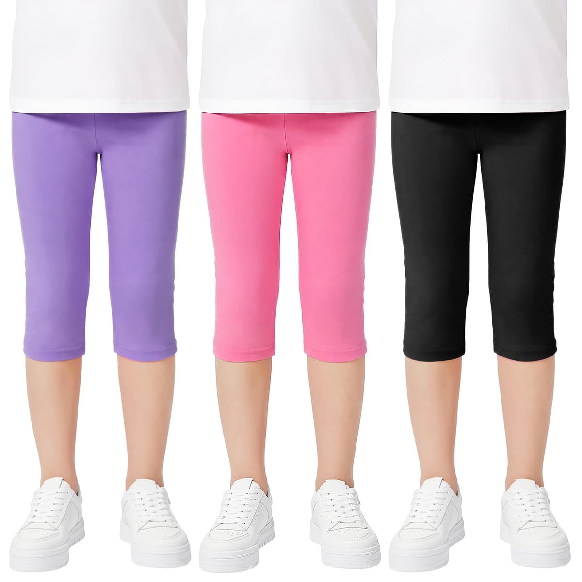 Domueay Niñas Leggings 3/4 Algodón Transpirable Elástica Deportivas Pantalones Cortos Cómodos Leggins, Pack de 3, Color Sólidos Niña Baile Escolar Mallas Infantiles Verano Ropa 6-13 Años