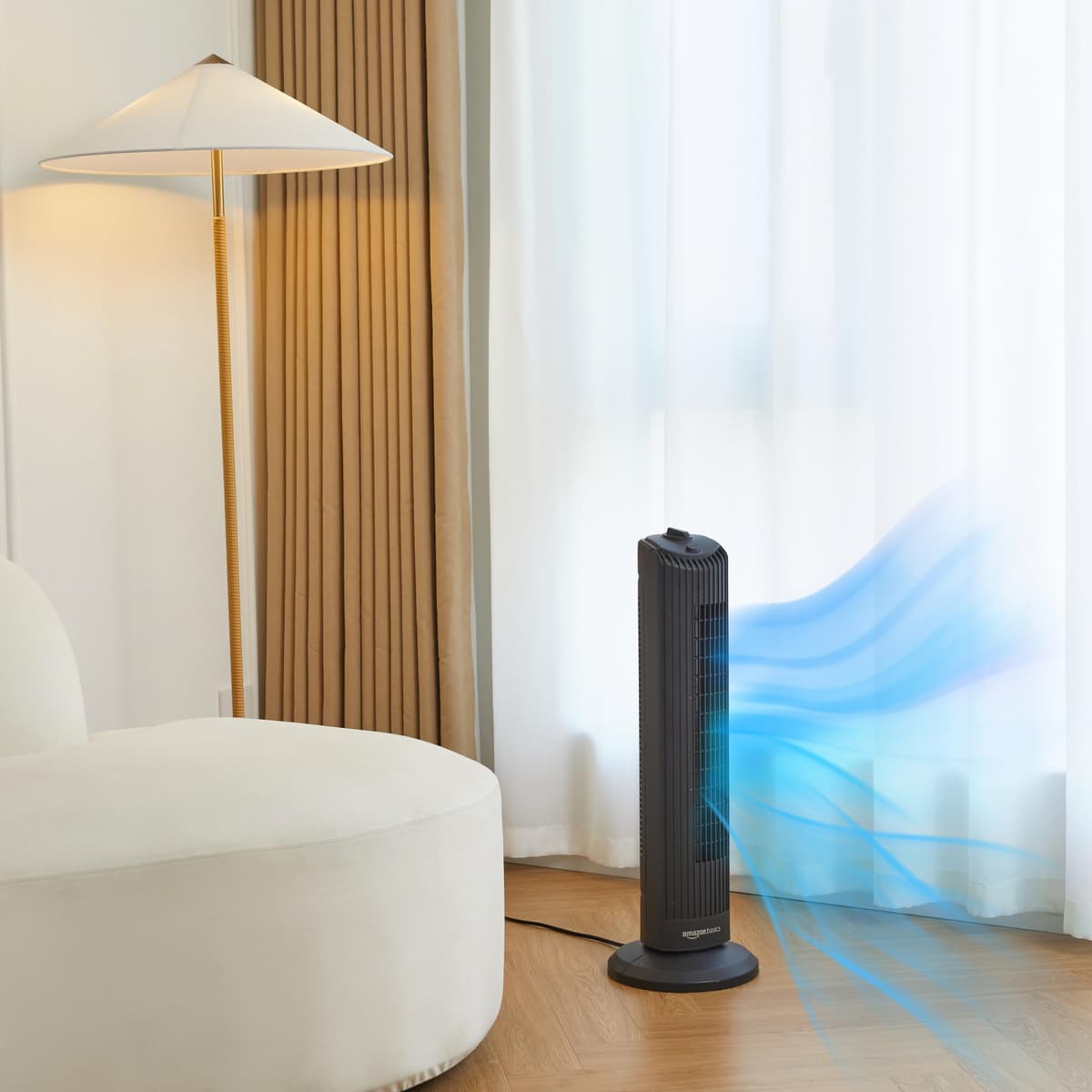 Amazon Basics 28" (71 cm) 60-Degree Oscillating Tower Fan for Bedroom, Living Room, Office, With 3 Speeds, Intuitive Mechanical Control, Matte Black, 35W, 27.8" x 9.4" x 9.4" (71 cm x 24 cm x 24 cm) — view 5