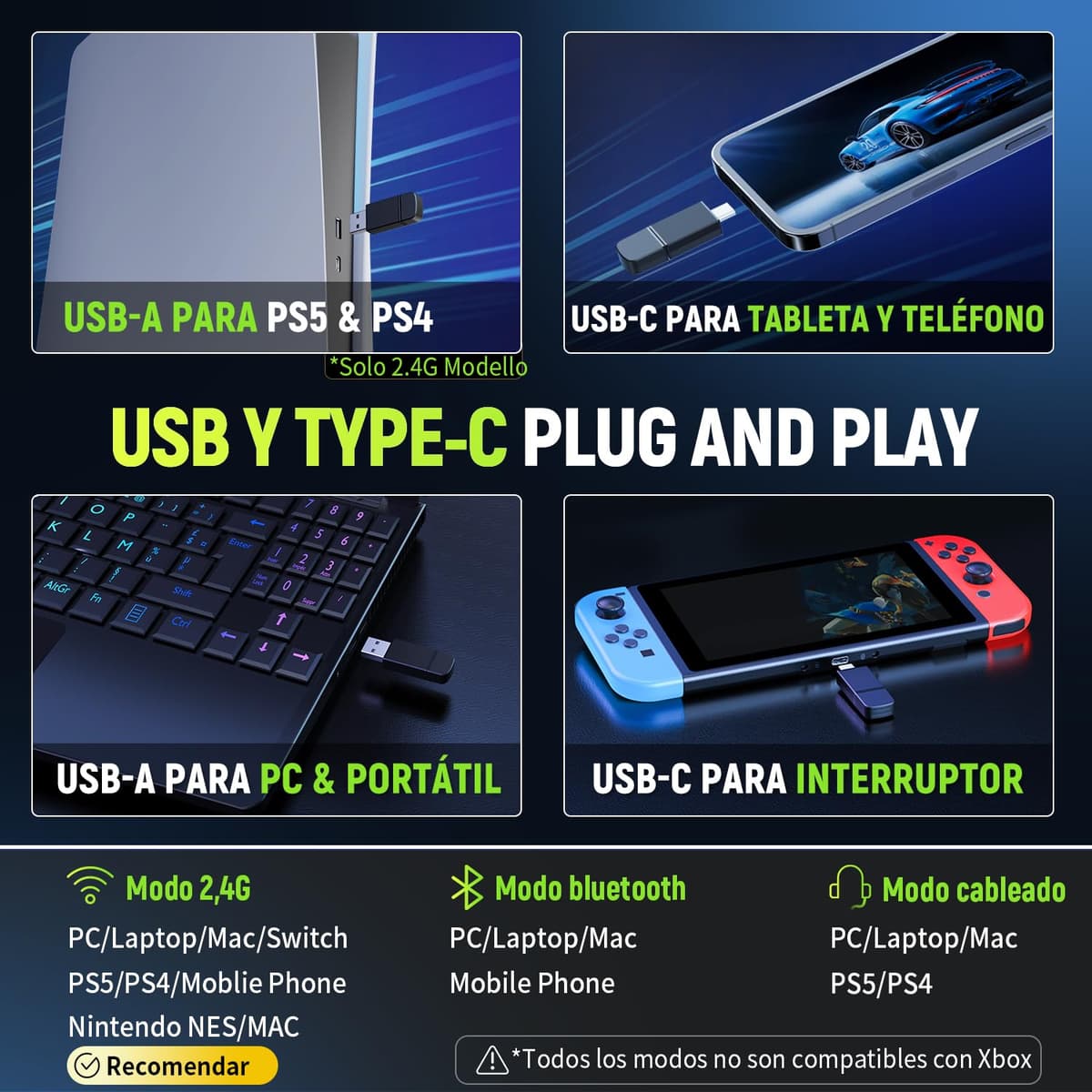 Tatybo Cascos Gaming Inalámbricos para PC/Ps5/Ps4, Auriculares Gaming Inalámbricos con 2,4 GHz+Bluetooth 5,3 Modo Dual, 7.1 Sonido Envolvente, Duración 40Hr+ — view 6