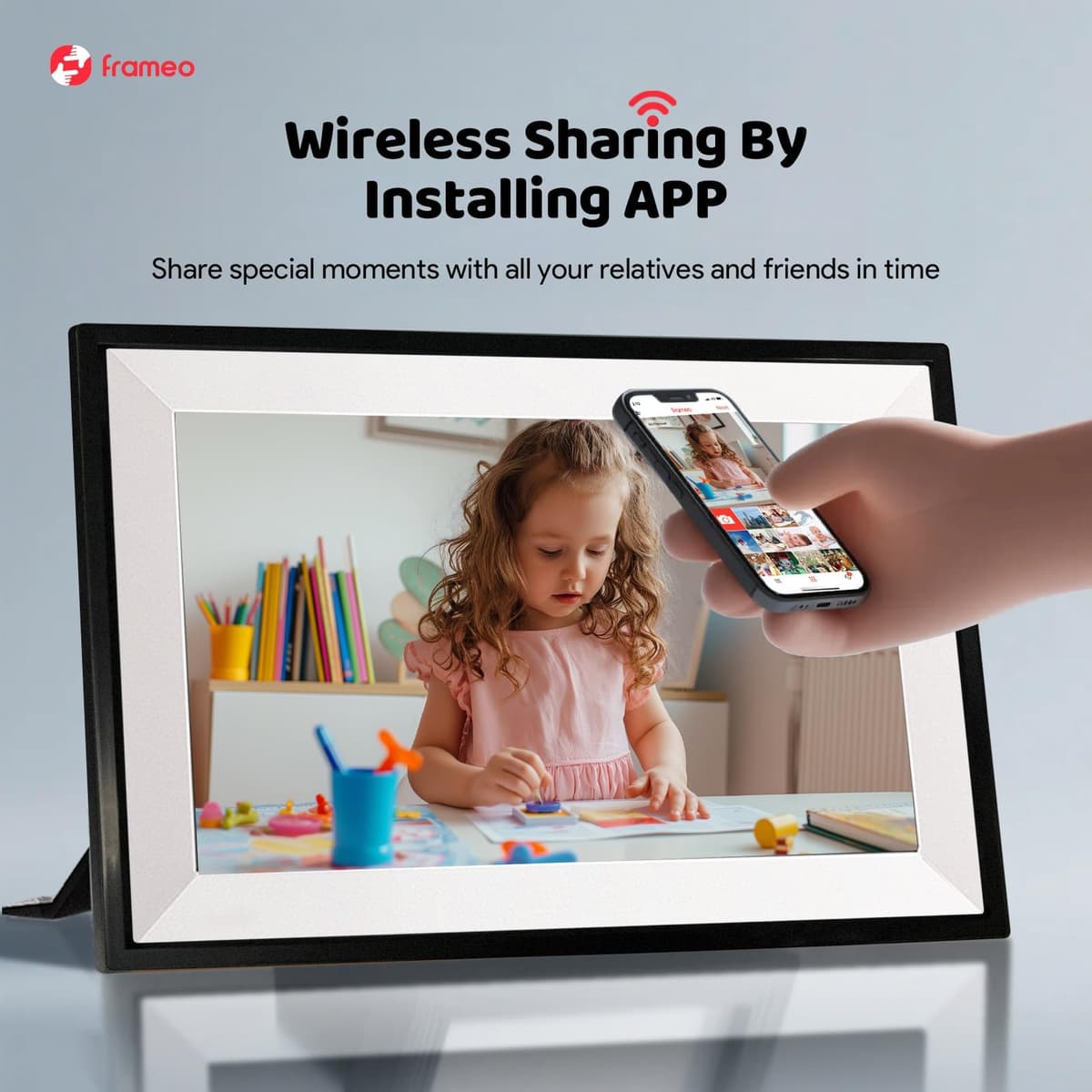 Frameo WiFi Digital Photo Frame 10.1 Inch 32GB Memory, 1280x800 HD IPS Touch Screen Electronic Wifi Digital Picture Video Frame, Auto-Rotate, Share Moments Instantly via Frameo App — view 3