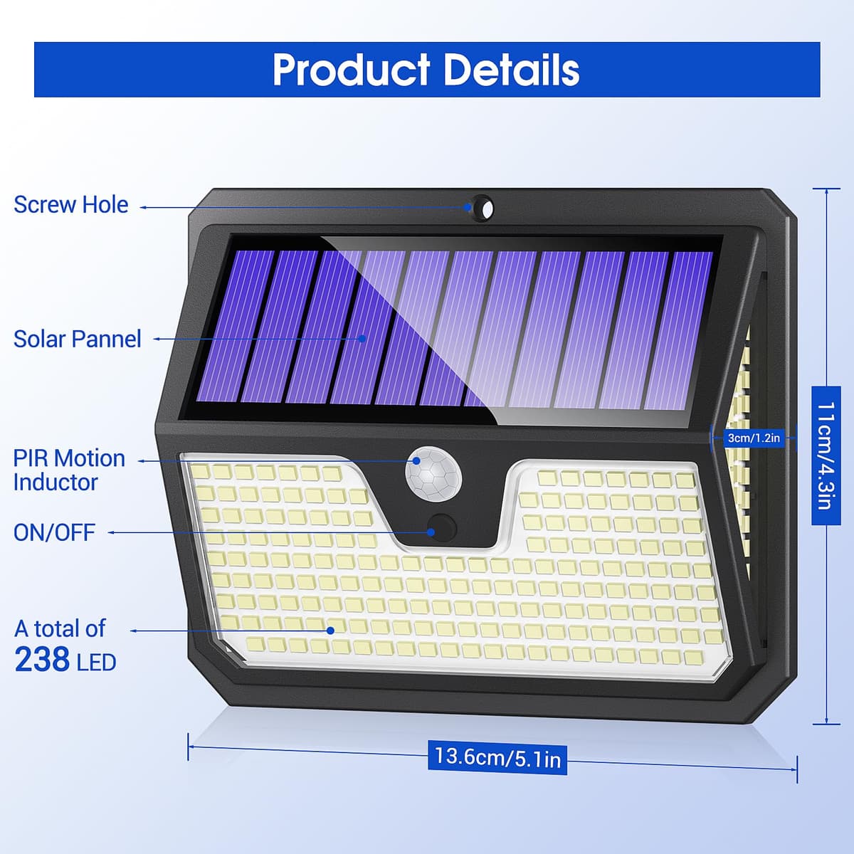 Seklin Outdoor Solar Lights, 238 LED Solar Security Lights and 3 Modes Motion Sensor 270° Wide Angle Solar Powered Lights IP65 Waterproof Solar Wall Light for Front Door Yard Garage Garden — view 7